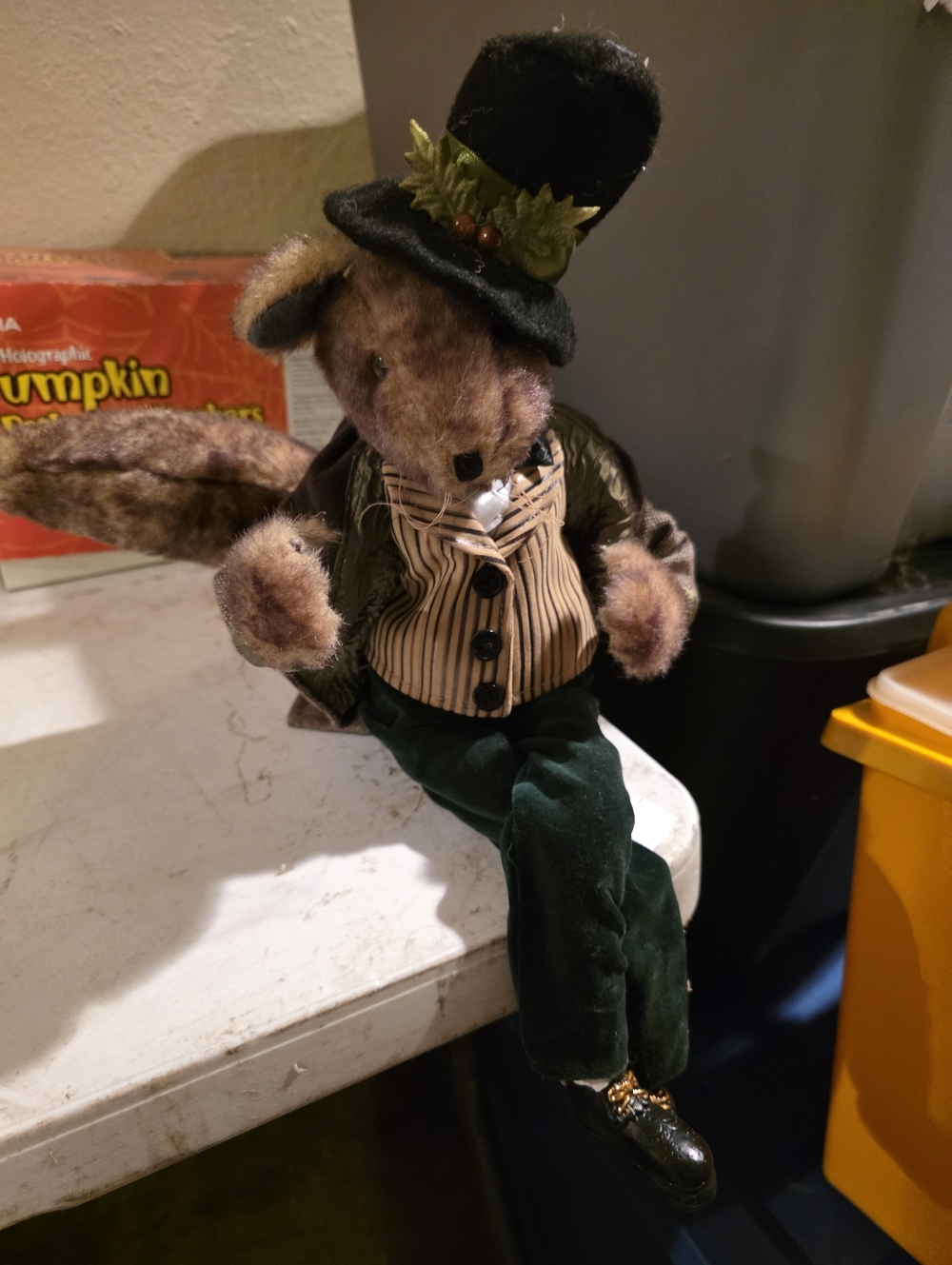 Vintage Posible Shelf Sitter Squirrel Doll with Green Velvet Pants